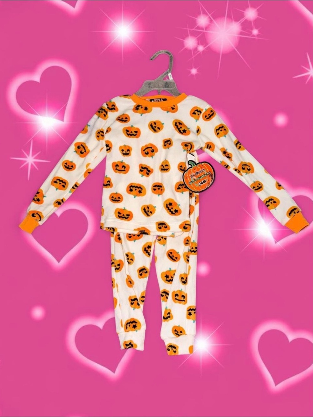 Kids Pumpkin Print Pajama Set - Orange & White
